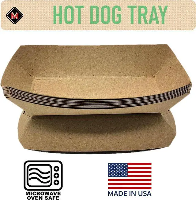 Alt view image 4 of 7 - Mr Miracle 7 Inch Paper Hot Dog Tray in Kraft Paper. Pack of 25. Disposable, Recyclable and Fully Biodegradable. Made in USA
