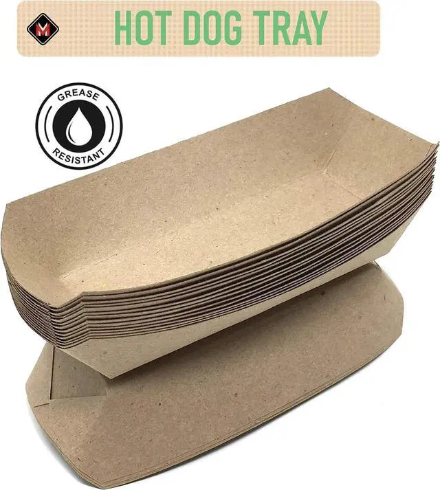 Alt view image 5 of 7 - Mr Miracle 7 Inch Paper Hot Dog Tray in Kraft Paper. Pack of 25. Disposable, Recyclable and Fully Biodegradable. Made in USA