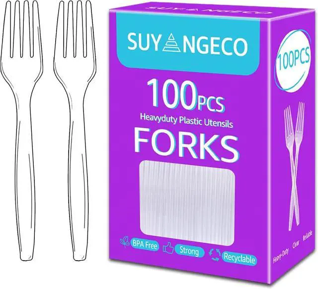 Main image of 100 Count Extra Heavy Duty Plastic Forks Clear Disposable Forks Bulk | 7 Inch, Reusable, BPA-Free, Heat Resistant, Sturdy and Durable Silverware, Full Size Cutlery Set for Party Restaurant