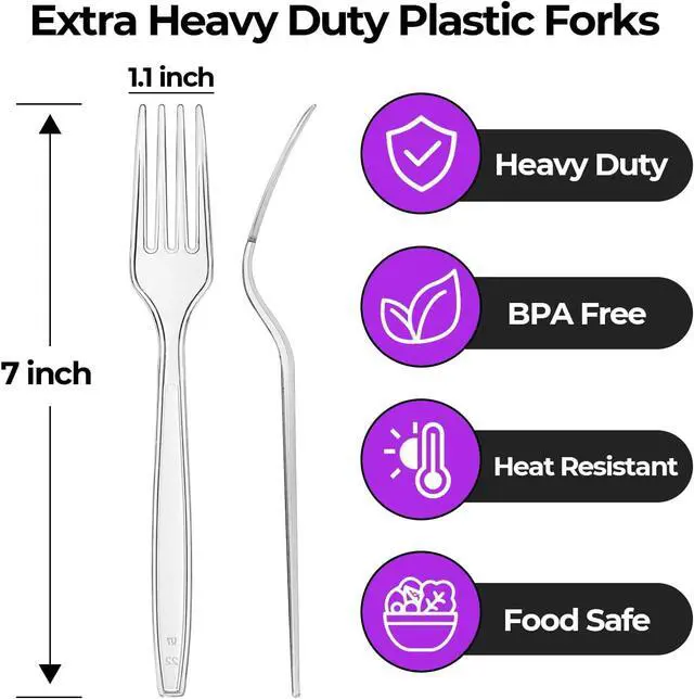 Alt view image 2 of 6 - 100 Count Extra Heavy Duty Plastic Forks Clear Disposable Forks Bulk | 7 Inch, Reusable, BPA-Free, Heat Resistant, Sturdy and Durable Silverware, Full Size Cutlery Set for Party Restaurant
