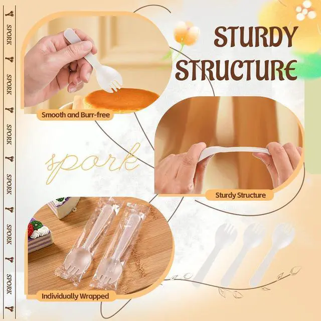 Alt view image 3 of 6 - 100Pcs Mini Clear Plastic Sporks, 4.2 Inch Individually Wrapped Spoon Fork Combo, Disposable Utensils for Desserts, Appetizers, Parties, Office Snacks, Restaurants, Catering & To-Go Use