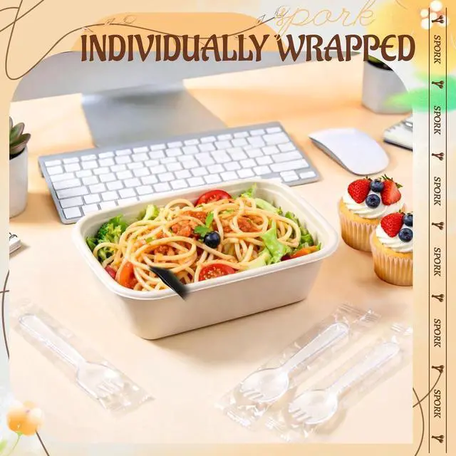 Alt view image 4 of 6 - 100Pcs Mini Clear Plastic Sporks, 4.2 Inch Individually Wrapped Spoon Fork Combo, Disposable Utensils for Desserts, Appetizers, Parties, Office Snacks, Restaurants, Catering & To-Go Use