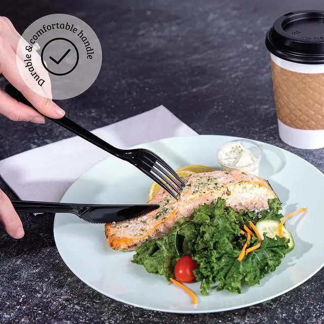 Alt view image 2 of 7 - PlasticPro 50 Pack Heavy Weight Plastic Forks Black Disposable Forks Plastic Cutlery Set