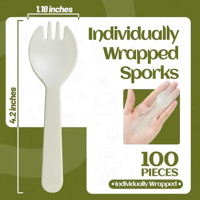 Alt view image 2 of 7 - 100Pcs Mini Plastic Sporks Individually Wrapped, 4.2 Inch White Disposable Fork Spoon Combo, Small Sporks for Desserts, Yogurt, Cake, Parties & Takeout