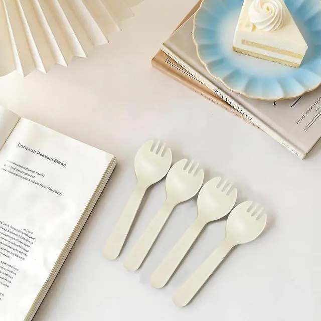 Alt view image 3 of 7 - 100Pcs Mini Plastic Sporks Individually Wrapped, 4.2 Inch White Disposable Fork Spoon Combo, Small Sporks for Desserts, Yogurt, Cake, Parties & Takeout