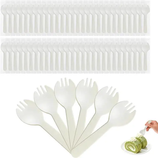 Main image of 100Pcs Mini Plastic Sporks Individually Wrapped, 4.2 Inch White Disposable Fork Spoon Combo, Small Sporks for Desserts, Yogurt, Cake, Parties & Takeout