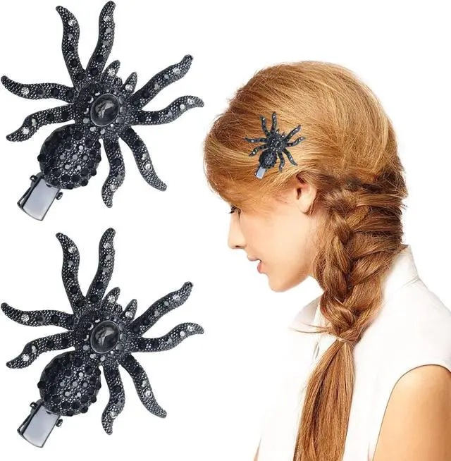 Main image of 2 PACK Halloween Black Spider Pins Hair Clip Vintage Rhinestone Gems Stamper Bobby Pin Hair Accessories for Women