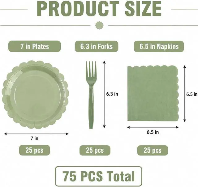 Alt view image 2 of 7 - 75pcs Sage Green Paper Plates and Napkins,25 Guest Sage Green Scalloped Paper Tableware Forks Disposable Dinnerwaret Kit for Baby Shower Bridal Wedding Birthday Party New Year Decorations