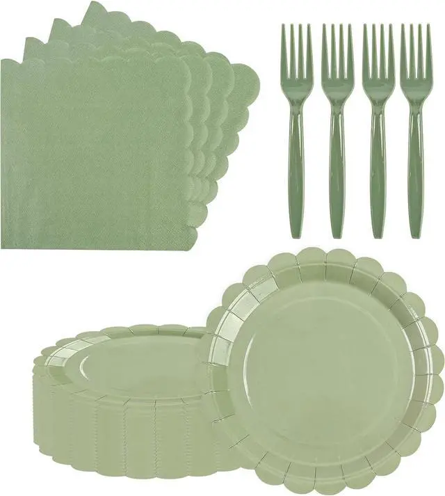 Main image of 75pcs Sage Green Paper Plates and Napkins,25 Guest Sage Green Scalloped Paper Tableware Forks Disposable Dinnerwaret Kit for Baby Shower Bridal Wedding Birthday Party New Year Decorations