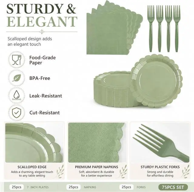 Alt view image 3 of 7 - 75pcs Sage Green Paper Plates and Napkins,25 Guest Sage Green Scalloped Paper Tableware Forks Disposable Dinnerwaret Kit for Baby Shower Bridal Wedding Birthday Party New Year Decorations