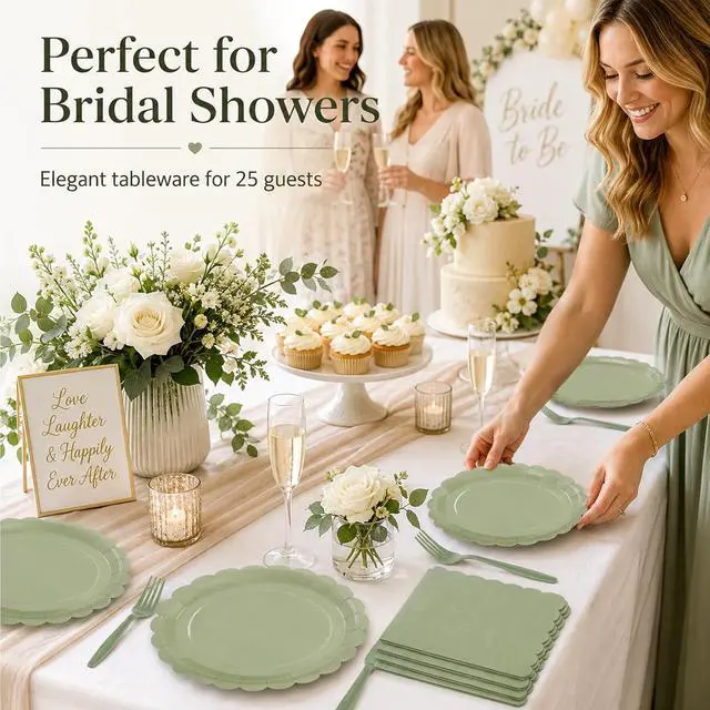 Alt view image 4 of 7 - 75pcs Sage Green Paper Plates and Napkins,25 Guest Sage Green Scalloped Paper Tableware Forks Disposable Dinnerwaret Kit for Baby Shower Bridal Wedding Birthday Party New Year Decorations