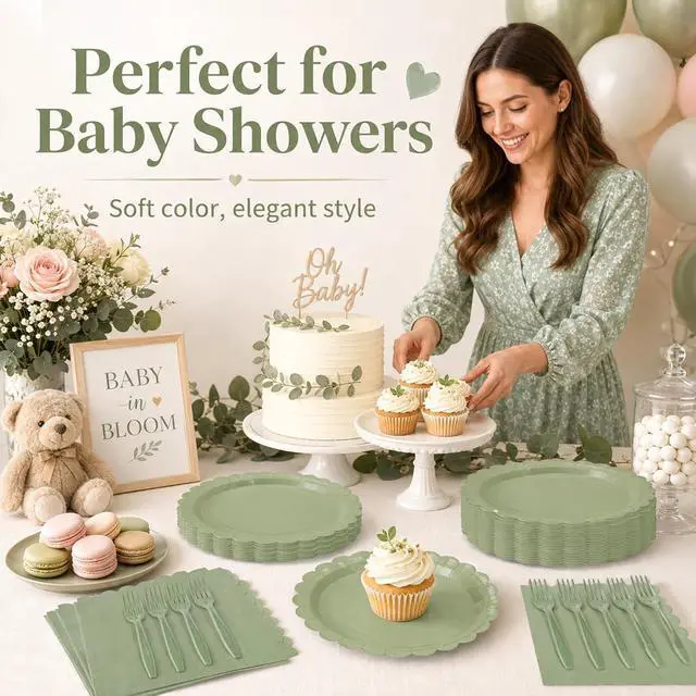 Alt view image 5 of 7 - 75pcs Sage Green Paper Plates and Napkins,25 Guest Sage Green Scalloped Paper Tableware Forks Disposable Dinnerwaret Kit for Baby Shower Bridal Wedding Birthday Party New Year Decorations