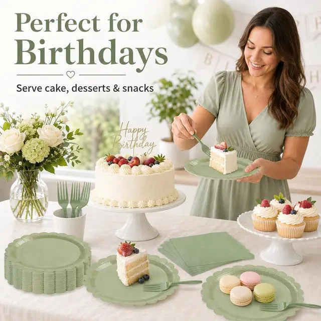 Alt view image 6 of 7 - 75pcs Sage Green Paper Plates and Napkins,25 Guest Sage Green Scalloped Paper Tableware Forks Disposable Dinnerwaret Kit for Baby Shower Bridal Wedding Birthday Party New Year Decorations