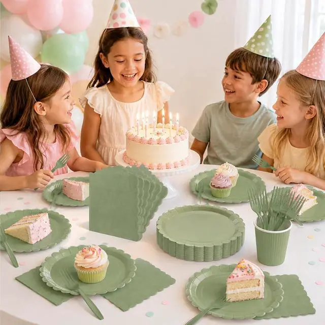 Alt view image 7 of 7 - 75pcs Sage Green Paper Plates and Napkins,25 Guest Sage Green Scalloped Paper Tableware Forks Disposable Dinnerwaret Kit for Baby Shower Bridal Wedding Birthday Party New Year Decorations