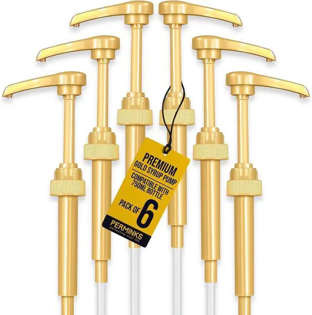 Main image of Syrup Pump, Compatible with 750ml Torani, DaVinci & Skinny, 6-Pack, Gold | Leak-free, 1/4oz precision pump with locking nozzle. Great for coffee bar accessories, dirty soda stations & dessert sauces