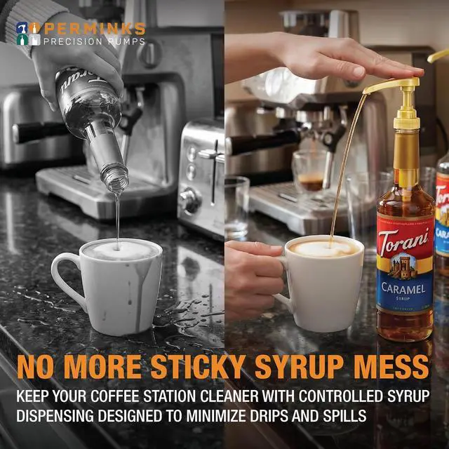 Alt view image 4 of 7 - Syrup Pump, Compatible with 750ml Torani, DaVinci & Skinny, 6-Pack, Gold | Leak-free, 1/4oz precision pump with locking nozzle. Great for coffee bar accessories, dirty soda stations & dessert sauces