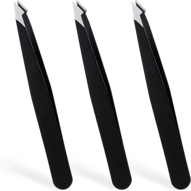 Main image of 3 Pack Tweezers for Eyebrows, Stainless Steel Pointed Tip Ingrown Hair Removal Tweezers Black Slanted Angled Tweezer Set for Women Men Precision for Eyebrows Facial Ingrown Hair and Splinter Removal