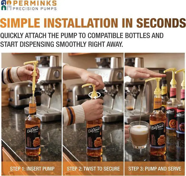 Alt view image 5 of 7 - Syrup Pump, Compatible with 750ml Torani, DaVinci & Skinny, 6-Pack, Gold | Leak-free, 1/4oz precision pump with locking nozzle. Great for coffee bar accessories, dirty soda stations & dessert sauces