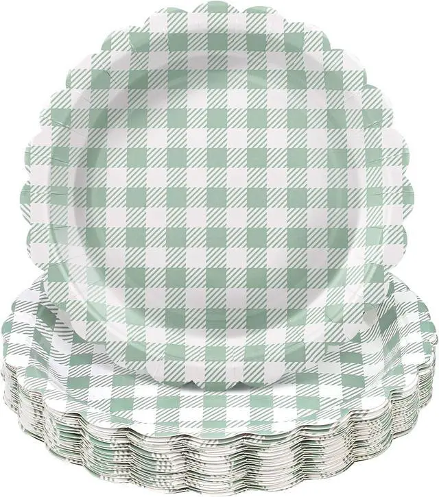 Main image of NatNarr Sage Green Gingham Paper Plates, 30 Pack, 9 Inch, Scalloped | Oil- And Water-Resistant, Disposable, Dessert Or Dinner Plates, Picnic, Baby Shower, Bridal Shower