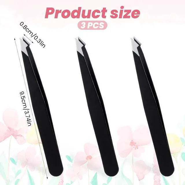 Alt view image 2 of 7 - 3 Pack Tweezers for Eyebrows, Stainless Steel Pointed Tip Ingrown Hair Removal Tweezers Black Slanted Angled Tweezer Set for Women Men Precision for Eyebrows Facial Ingrown Hair and Splinter Removal