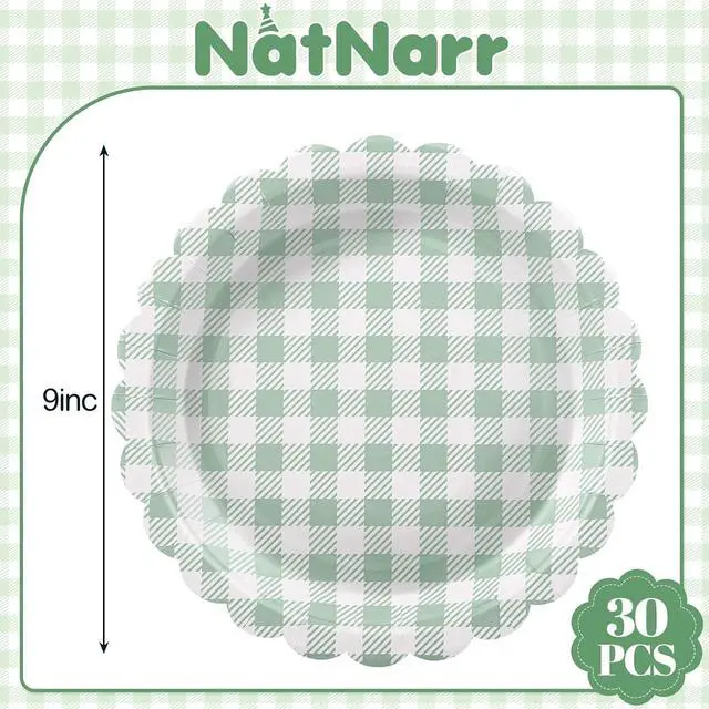 Alt view image 2 of 7 - NatNarr Sage Green Gingham Paper Plates, 30 Pack, 9 Inch, Scalloped | Oil- And Water-Resistant, Disposable, Dessert Or Dinner Plates, Picnic, Baby Shower, Bridal Shower