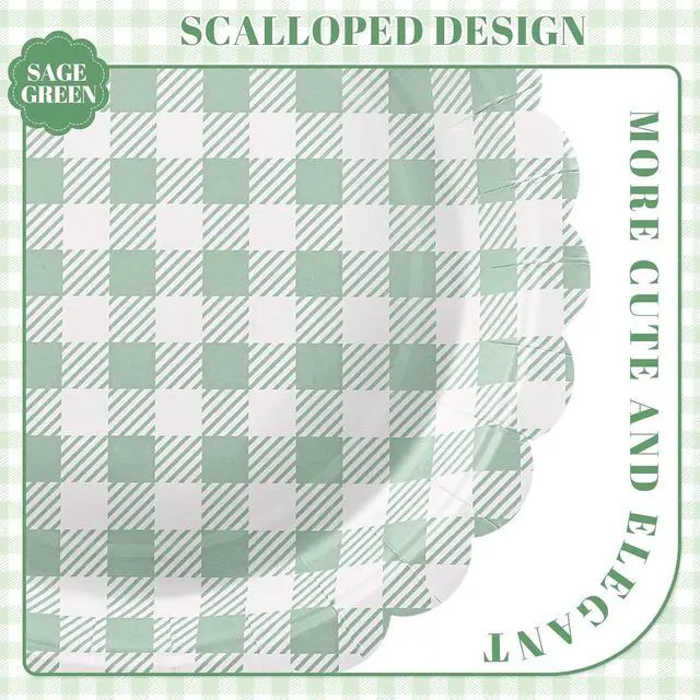 Alt view image 3 of 7 - NatNarr Sage Green Gingham Paper Plates, 30 Pack, 9 Inch, Scalloped | Oil- And Water-Resistant, Disposable, Dessert Or Dinner Plates, Picnic, Baby Shower, Bridal Shower