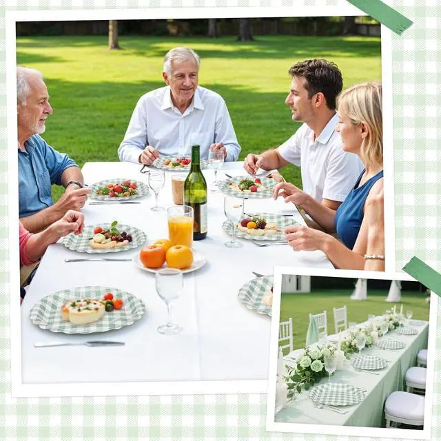 Alt view image 7 of 7 - NatNarr Sage Green Gingham Paper Plates, 30 Pack, 9 Inch, Scalloped | Oil- And Water-Resistant, Disposable, Dessert Or Dinner Plates, Picnic, Baby Shower, Bridal Shower