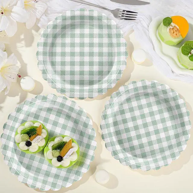 Alt view image 5 of 7 - NatNarr Sage Green Gingham Paper Plates, 30 Pack, 9 Inch, Scalloped | Oil- And Water-Resistant, Disposable, Dessert Or Dinner Plates, Picnic, Baby Shower, Bridal Shower