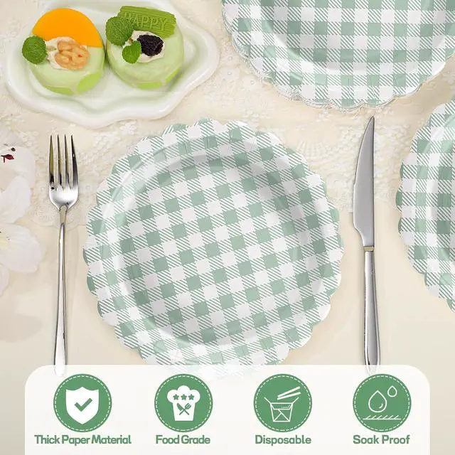 Alt view image 4 of 7 - NatNarr Sage Green Gingham Paper Plates, 30 Pack, 9 Inch, Scalloped | Oil- And Water-Resistant, Disposable, Dessert Or Dinner Plates, Picnic, Baby Shower, Bridal Shower