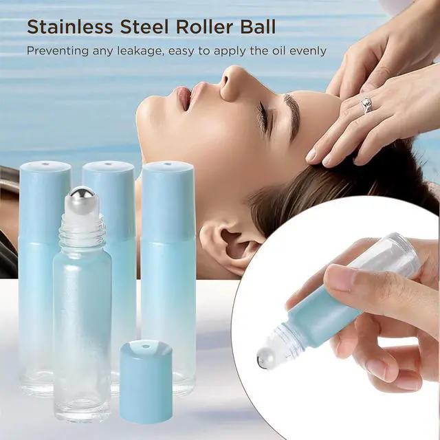 Alt view image 2 of 7 - SESENSE Essential Oil Roller Bottles, 10ml Thick Glass Perfume Roller Bottles with Funnel Opener and Dropper Colored Glass Empty Bottles with Stainless Steel Roller Balls (Blue, 4 Pack)