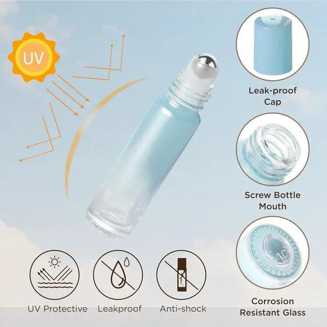 Alt view image 4 of 7 - SESENSE Essential Oil Roller Bottles, 10ml Thick Glass Perfume Roller Bottles with Funnel Opener and Dropper Colored Glass Empty Bottles with Stainless Steel Roller Balls (Blue, 4 Pack)