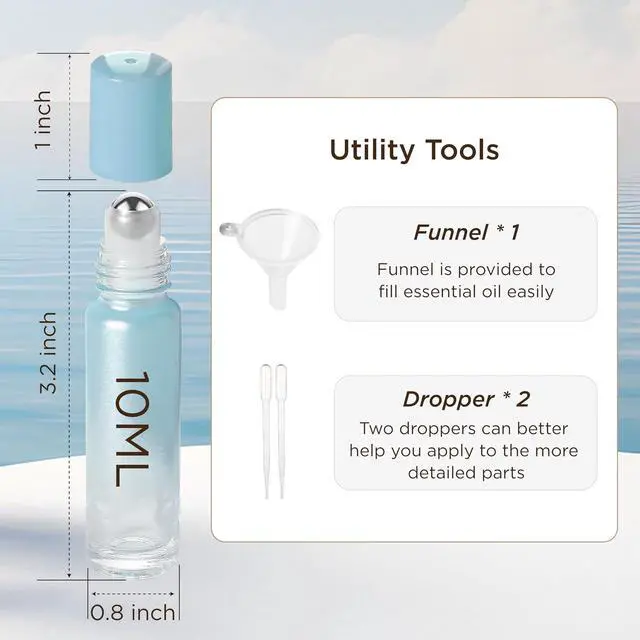 Alt view image 6 of 7 - SESENSE Essential Oil Roller Bottles, 10ml Thick Glass Perfume Roller Bottles with Funnel Opener and Dropper Colored Glass Empty Bottles with Stainless Steel Roller Balls (Blue, 4 Pack)