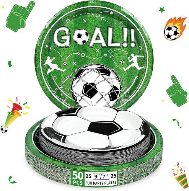 Main image of Fun Soccer Paper Plates - Disposable Plates for Party , 25-9" & 25-7" | Dessert Cake Dinner Plates for Birthday