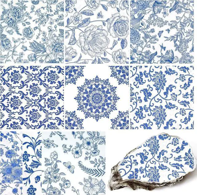 Main image of Decoupage Napkins Assorted Floral 27 Pack 9 Styles for DIY Crafting Birthday Party Decorative Decoupage Napkins Cocktail Paper Each Unfolded 13 Inch (Blue Floral)