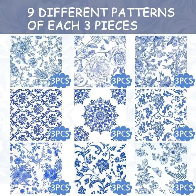Alt view image 3 of 7 - Decoupage Napkins Assorted Floral 27 Pack 9 Styles for DIY Crafting Birthday Party Decorative Decoupage Napkins Cocktail Paper Each Unfolded 13 Inch (Blue Floral)