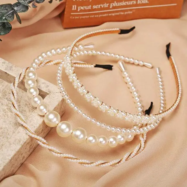 Main image of BEAYFILY 4 Pack Pearls Fashion Headbands,White Artificial Pearl Rhinestones Hairbands,Bridal Hair Hoop Party Wedding Hair Accessories for Women Girls