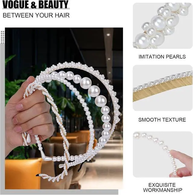 Alt view image 2 of 7 - BEAYFILY 4 Pack Pearls Fashion Headbands,White Artificial Pearl Rhinestones Hairbands,Bridal Hair Hoop Party Wedding Hair Accessories for Women Girls