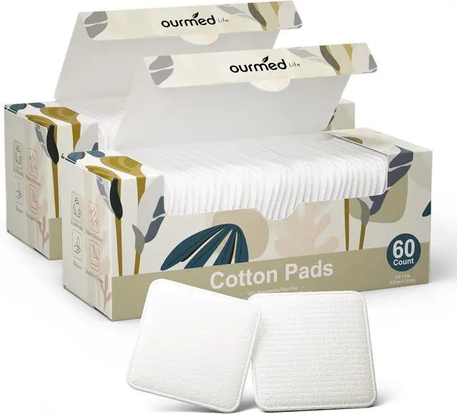 Main image of Ourmed Life Large Cotton Pads for Face, 3 x 3 Makeup Remover Pads, 120 ct | 3 Layer, Thicker, Durable,Soft, Lint-Free, Pressed Seams, Plant-Based, Dual-Sided Texture, Tear-Resistant Design, Organic