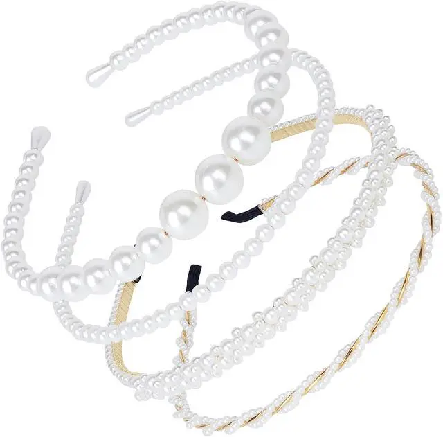 Alt view image 7 of 7 - BEAYFILY 4 Pack Pearls Fashion Headbands,White Artificial Pearl Rhinestones Hairbands,Bridal Hair Hoop Party Wedding Hair Accessories for Women Girls