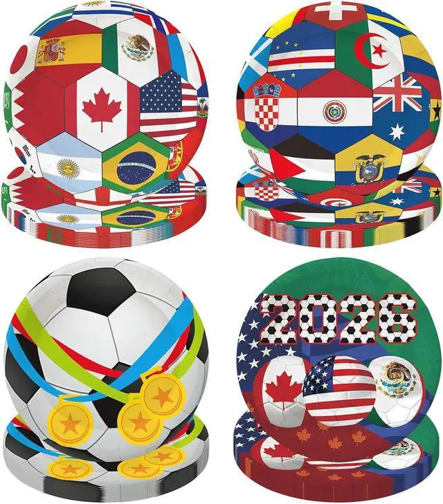 Main image of 48 PCS 2026 World Soccer Paper Plates 7 inch, Soccer Cup Plates International World Flags Party Plates Disposable Cake Dessert Plate for Sports Game Birthday Event Party Decorations
