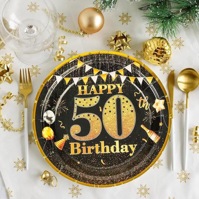 Alt view image 2 of 7 - Party Paper Plates - 50th Birthday Decorations, 50 Pcs, 7" Black Gold Plates, Tableware Set, Happy Birthday Party Supplies