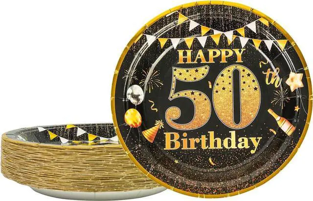Main image of Party Paper Plates - 50th Birthday Decorations, 50 Pcs, 7" Black Gold Plates, Tableware Set, Happy Birthday Party Supplies