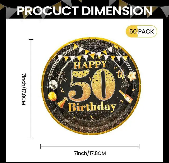 Alt view image 6 of 7 - Party Paper Plates - 50th Birthday Decorations, 50 Pcs, 7" Black Gold Plates, Tableware Set, Happy Birthday Party Supplies