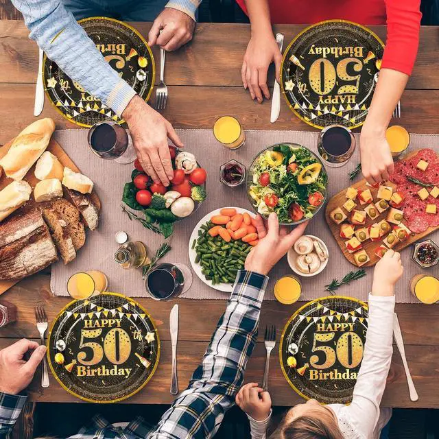 Alt view image 3 of 7 - Party Paper Plates - 50th Birthday Decorations, 50 Pcs, 7" Black Gold Plates, Tableware Set, Happy Birthday Party Supplies