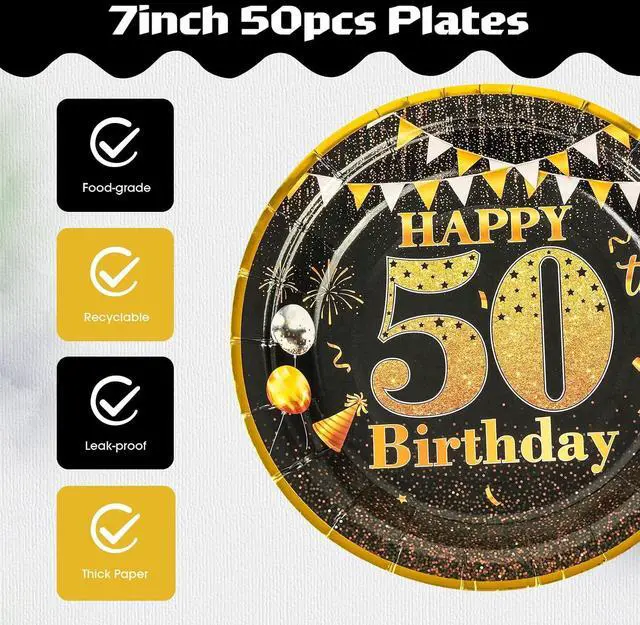 Alt view image 5 of 7 - Party Paper Plates - 50th Birthday Decorations, 50 Pcs, 7" Black Gold Plates, Tableware Set, Happy Birthday Party Supplies