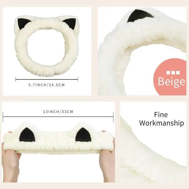 Alt view image 2 of 7 - Huachi Cat Ears Headband, Cute Cat Spa Headbands for Washing Face Skincare | 2 Packs Soft Coral Fleece Makeup Hairband, Animal Womens Head Bands Girls Trendy Stuff Gifts, Facial Wash Hair Accessories