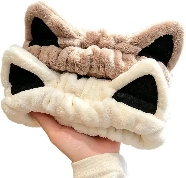 Main image of Huachi Cat Ears Headband, Cute Cat Spa Headbands for Washing Face Skincare | 2 Packs Soft Coral Fleece Makeup Hairband, Animal Womens Head Bands Girls Trendy Stuff Gifts, Facial Wash Hair Accessories