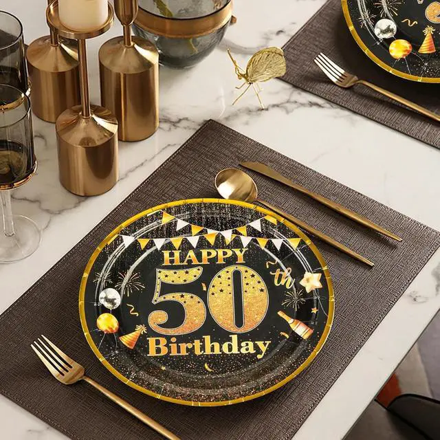Alt view image 7 of 7 - Party Paper Plates - 50th Birthday Decorations, 50 Pcs, 7" Black Gold Plates, Tableware Set, Happy Birthday Party Supplies