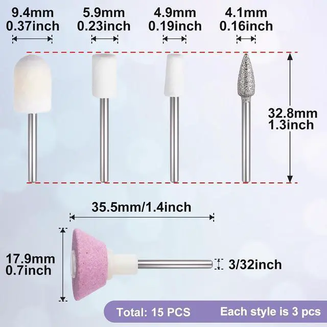 Alt view image 2 of 6 - ANCIRS 15pcs 3/32 Inch Nail File Replacement Head Refills Set, 5 Styles | Metal, for Most Electric Nail Files, for Cleaning, Daily Maintenance, Exfoliating Cuticles, Polishing, and Creating Manicures