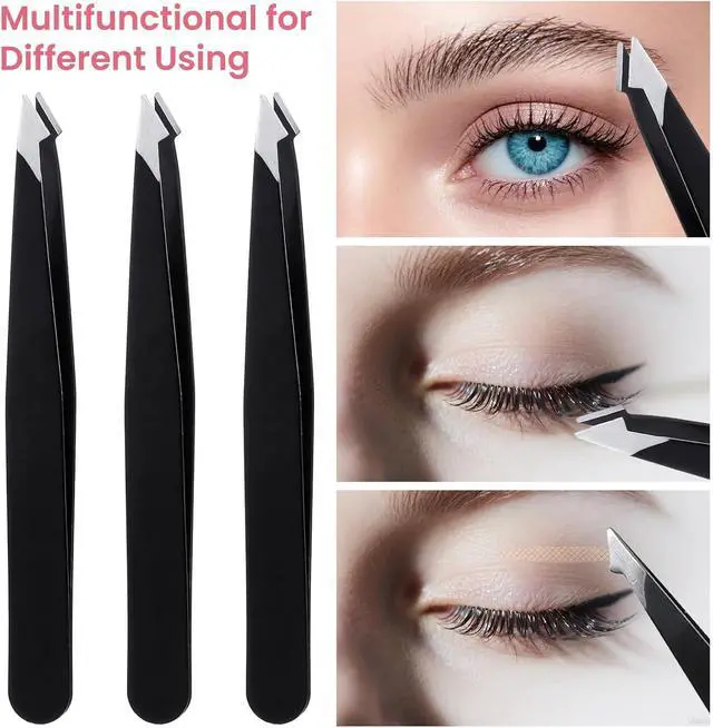 Alt view image 3 of 7 - 3 Pack Tweezers for Eyebrows, Stainless Steel Pointed Tip Ingrown Hair Removal Tweezers Black Slanted Angled Tweezer Set for Women Men Precision for Eyebrows Facial Ingrown Hair and Splinter Removal